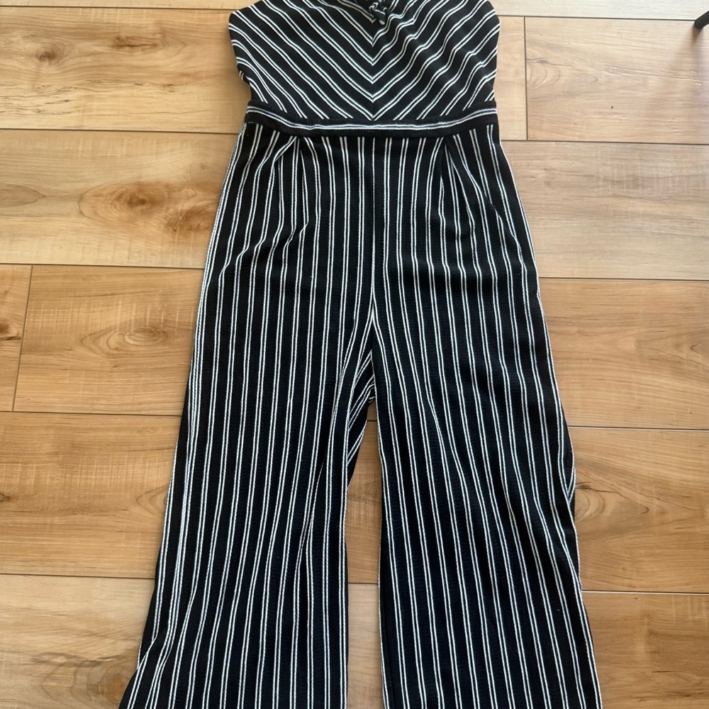 art class Black and White Striped Strapless Jumpsuit